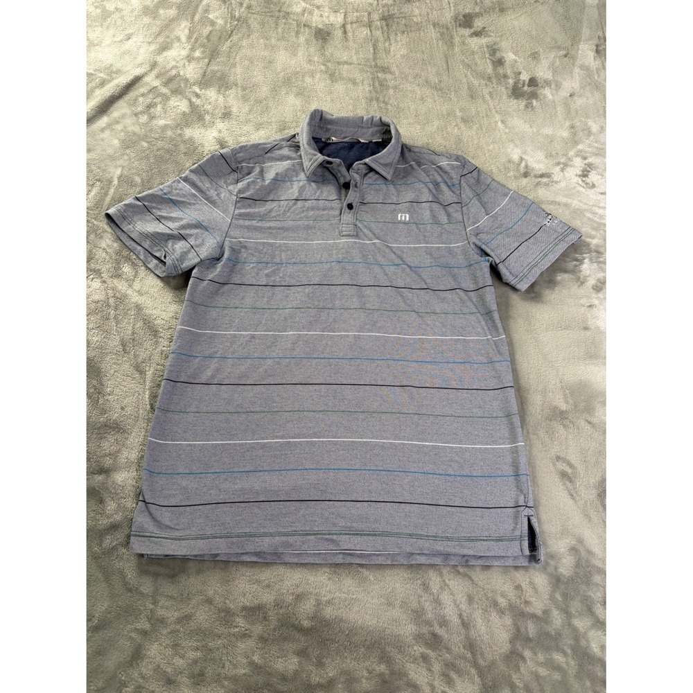 TravisMathew Golf Polo Mens M Blue Striped Short Sleeve Embroidered Chest Logo